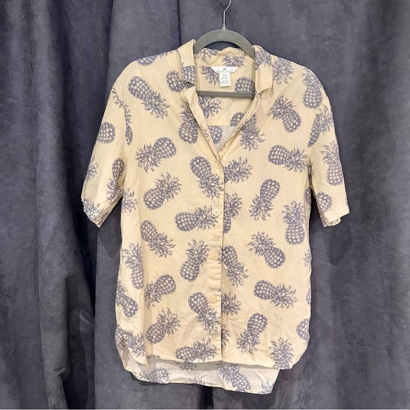 H&M Linen Cotton Pineapple Print Resort Shirt Yellow Tropicalcore XS Oversized - Picture 9 of 10
